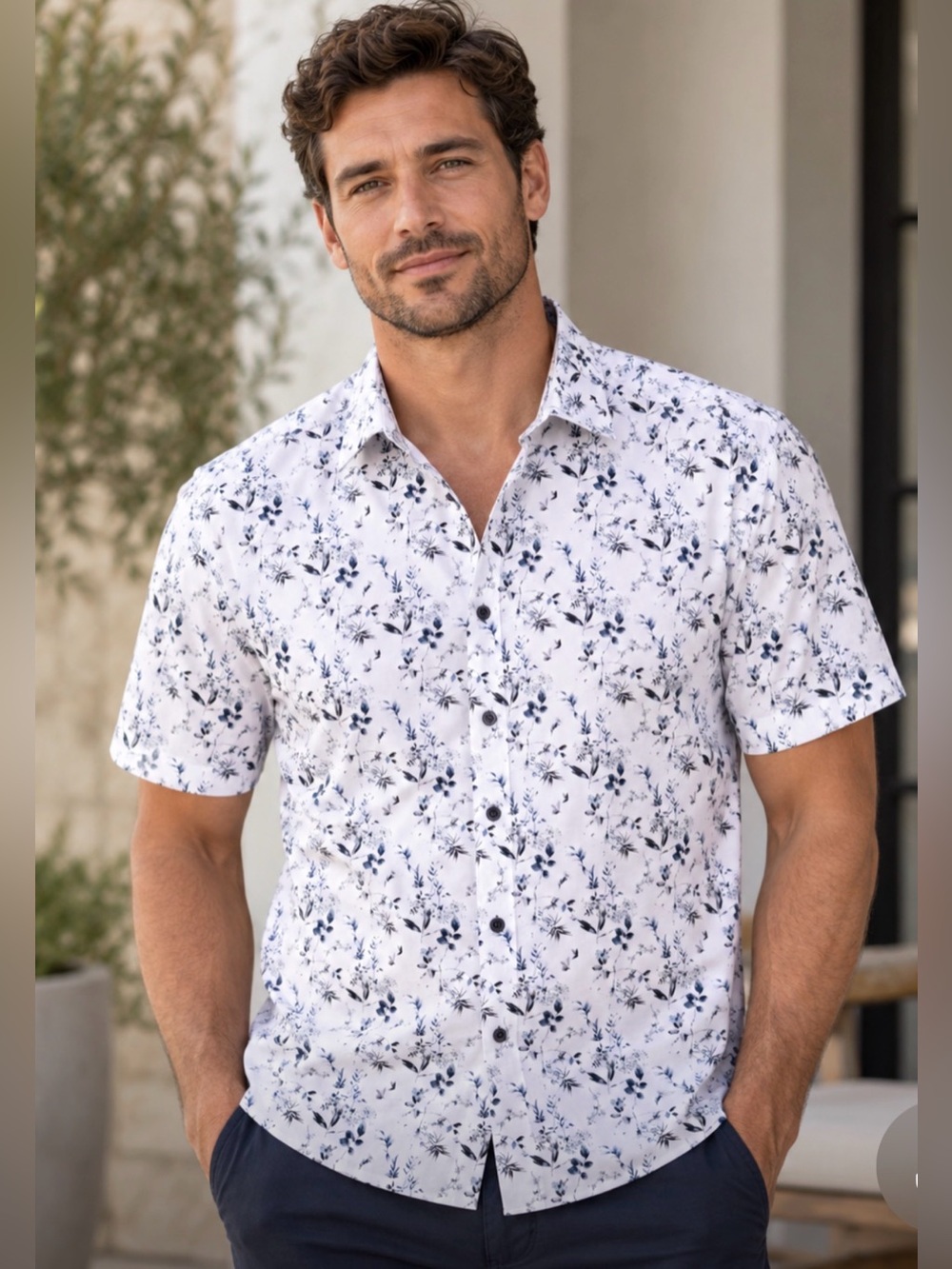 Daniel Hechter White Short-Sleeve Button-Down with Navy Floral Print